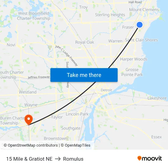 15 Mile & Gratiot NE to Romulus map