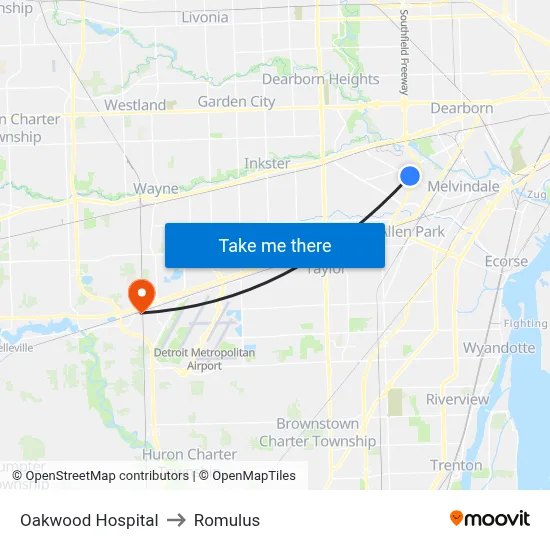 Oakwood Hospital to Romulus map