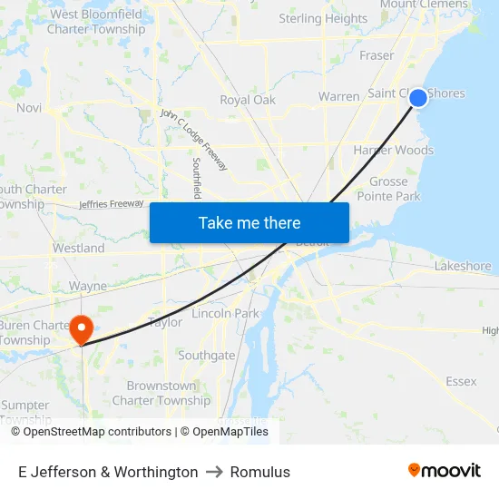 E Jefferson & Worthington to Romulus map