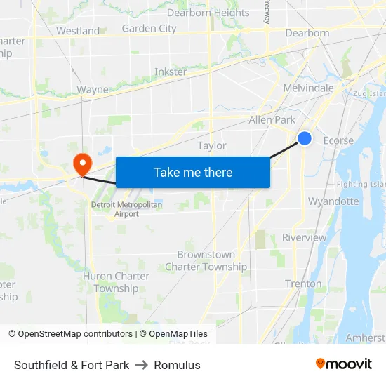 Southfield & Fort Park to Romulus map