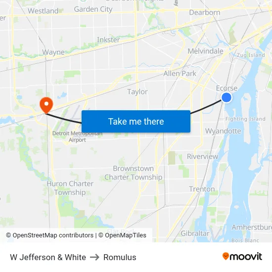 W Jefferson & White to Romulus map