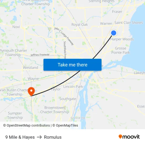9 Mile & Hayes to Romulus map
