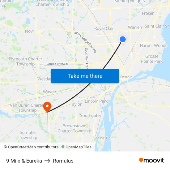9 Mile & Eureka to Romulus map