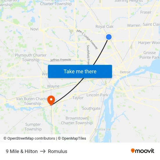 9 Mile & Hilton to Romulus map