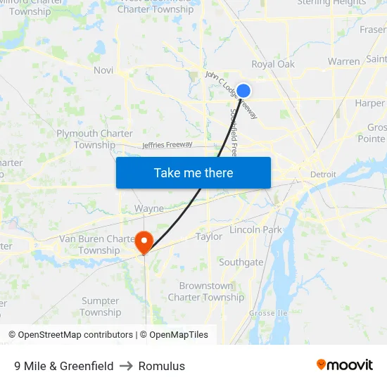 9 Mile & Greenfield to Romulus map