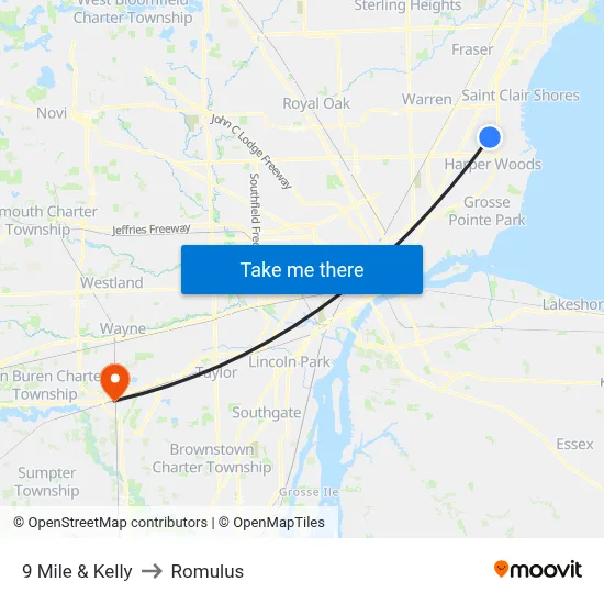 9 Mile & Kelly to Romulus map