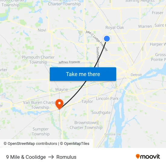 9 Mile & Coolidge to Romulus map