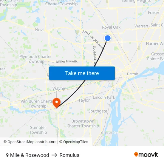 9 Mile & Rosewood to Romulus map