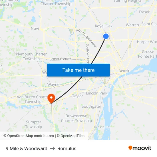 9 Mile & Woodward to Romulus map