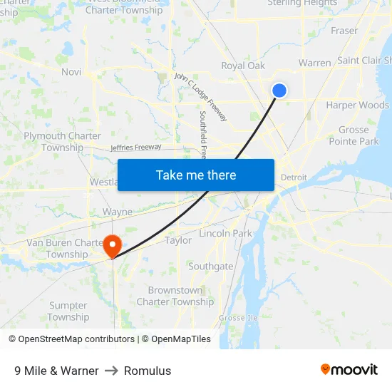 9 Mile & Warner to Romulus map