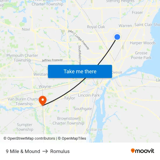 9 Mile & Mound to Romulus map