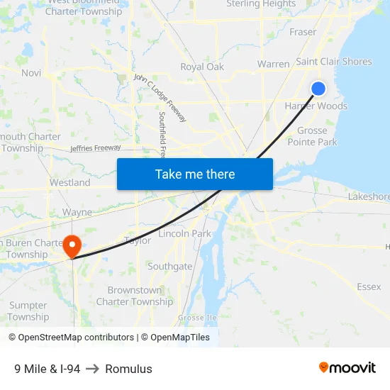 9 Mile & I-94 to Romulus map