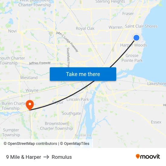 9 Mile & Harper to Romulus map