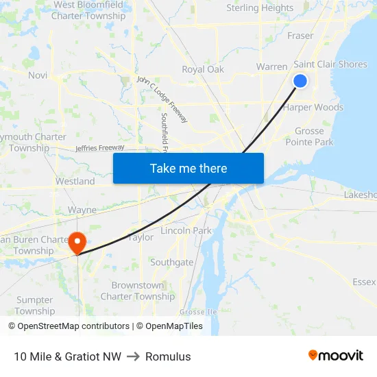 10 Mile & Gratiot NW to Romulus map