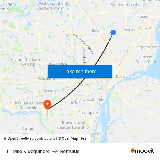 11 Mile & Dequindre to Romulus map