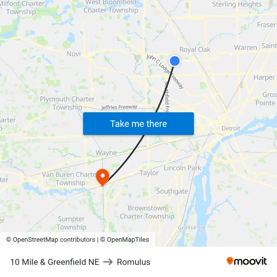 10 Mile & Greenfield NE to Romulus map