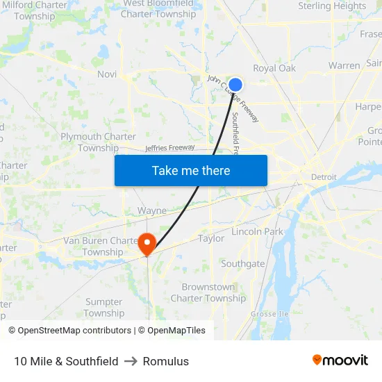 10 Mile & Southfield to Romulus map