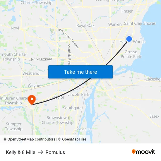 Kelly & 8 Mile to Romulus map
