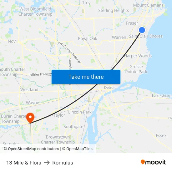 13 Mile & Flora to Romulus map