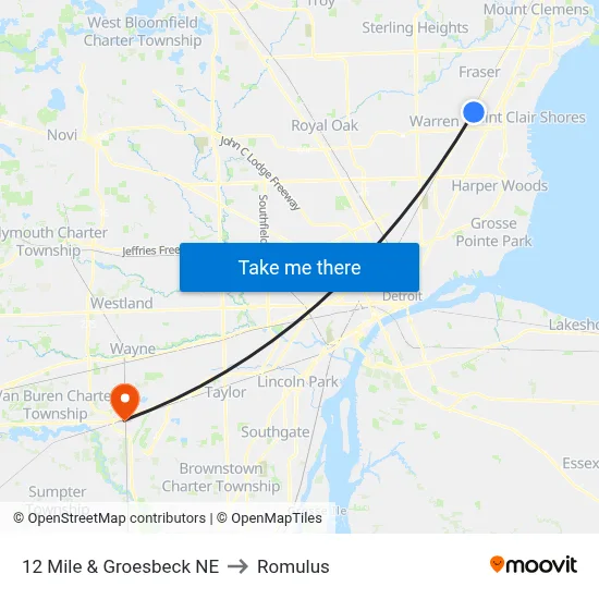 12 Mile & Groesbeck NE to Romulus map