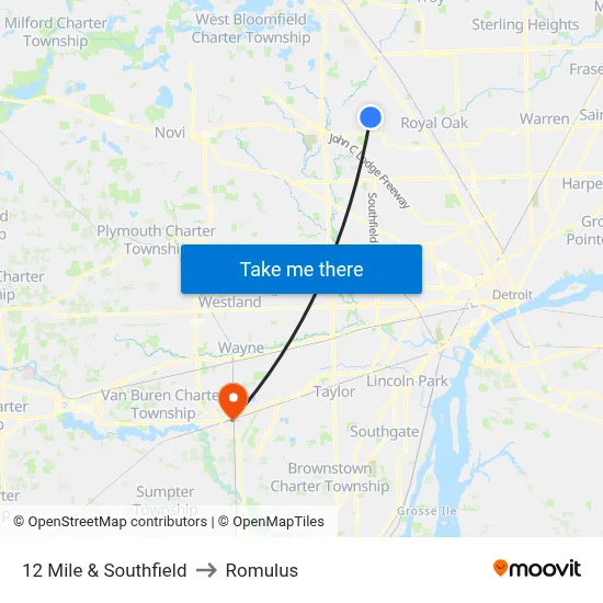 12 Mile & Southfield to Romulus map