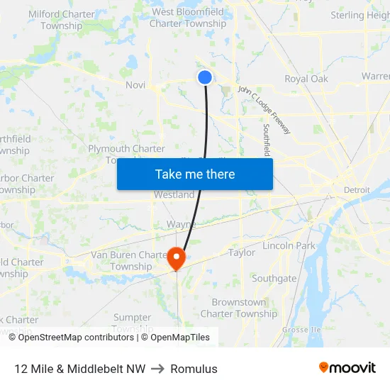 12 Mile & Middlebelt NW to Romulus map