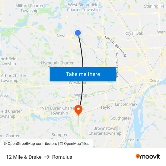 12 Mile & Drake to Romulus map