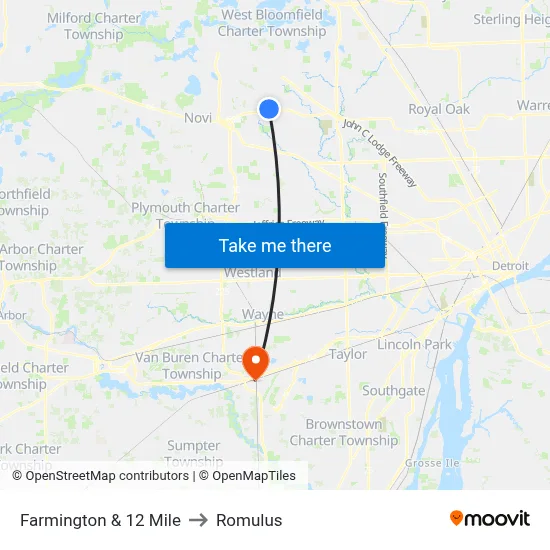 Farmington & 12 Mile to Romulus map