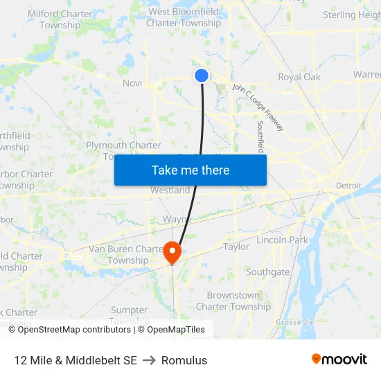 12 Mile & Middlebelt SE to Romulus map