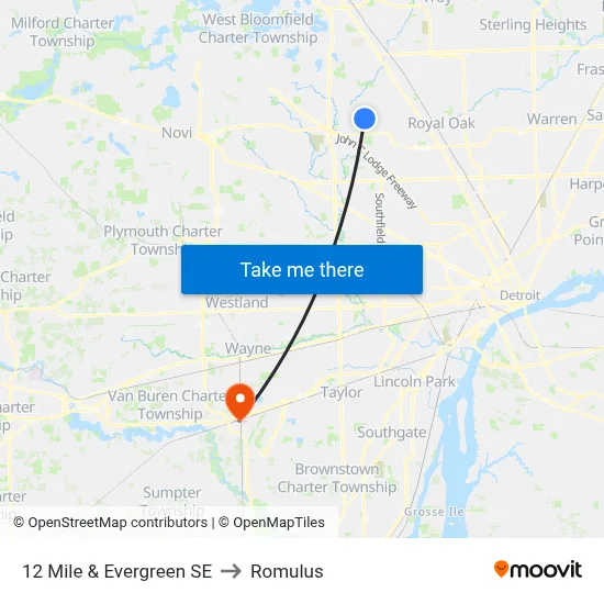 12 Mile & Evergreen SE to Romulus map