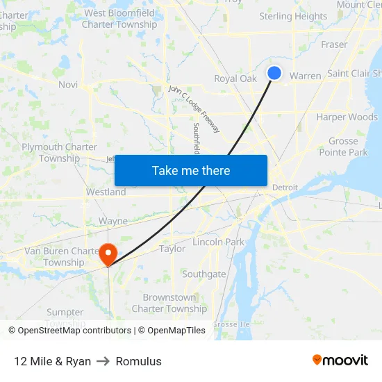 12 Mile & Ryan to Romulus map