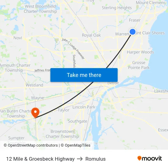 12 Mile & Groesbeck Highway to Romulus map