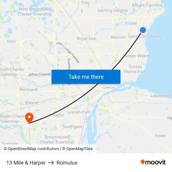 13 Mile & Harper to Romulus map