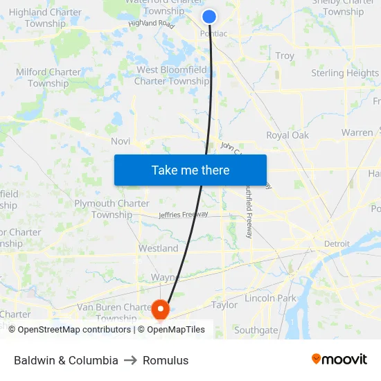 Baldwin & Columbia to Romulus map