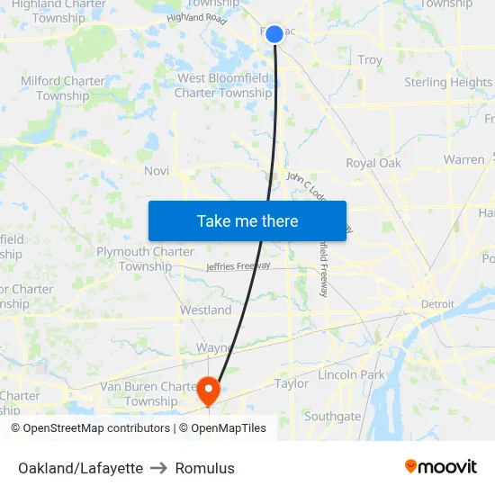 Oakland/Lafayette to Romulus map