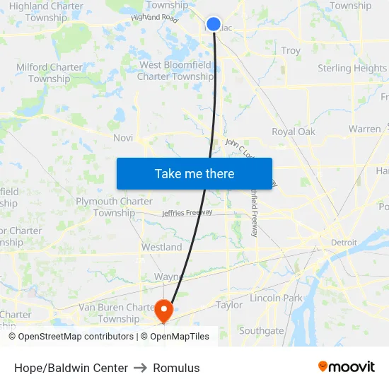 Hope/Baldwin Center to Romulus map