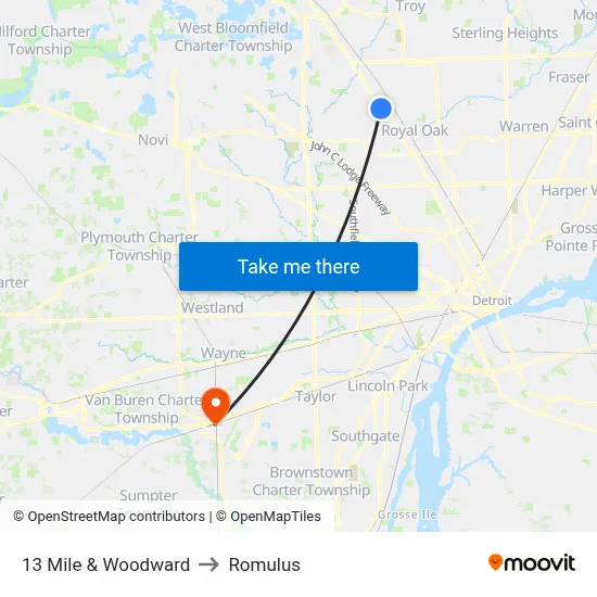 13 Mile & Woodward to Romulus map