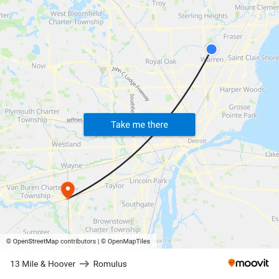 13 Mile & Hoover to Romulus map