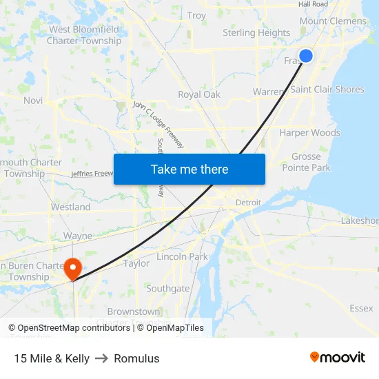15 Mile & Kelly to Romulus map