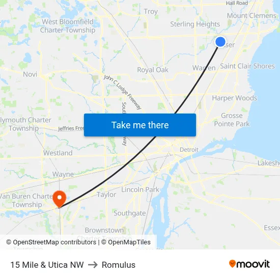 15 Mile & Utica NW to Romulus map