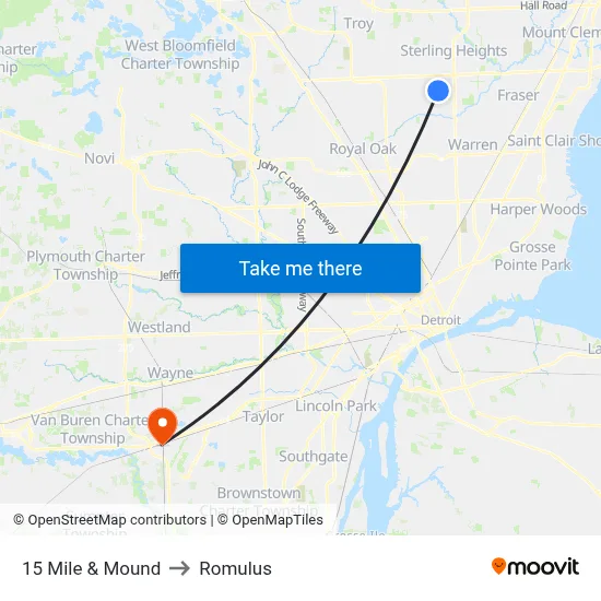 15 Mile & Mound to Romulus map
