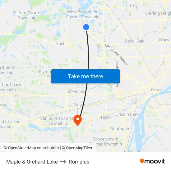 Maple & Orchard Lake to Romulus map