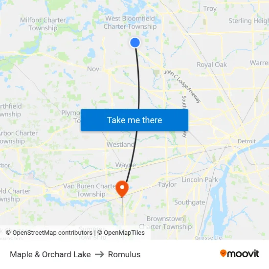 Maple & Orchard Lake to Romulus map