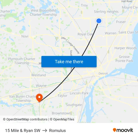 15 Mile & Ryan SW to Romulus map