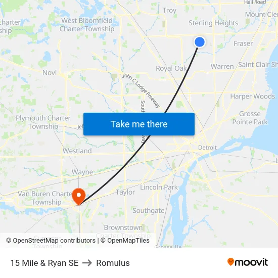15 Mile & Ryan SE to Romulus map