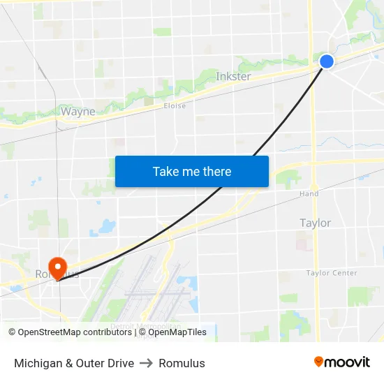 Michigan & Outer Drive to Romulus map