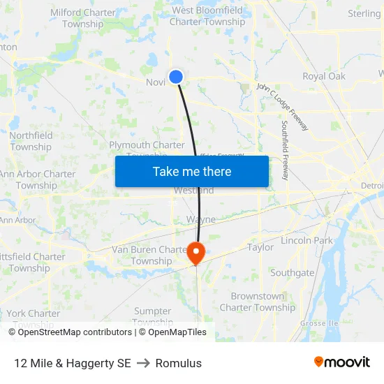 12 Mile & Haggerty SE to Romulus map