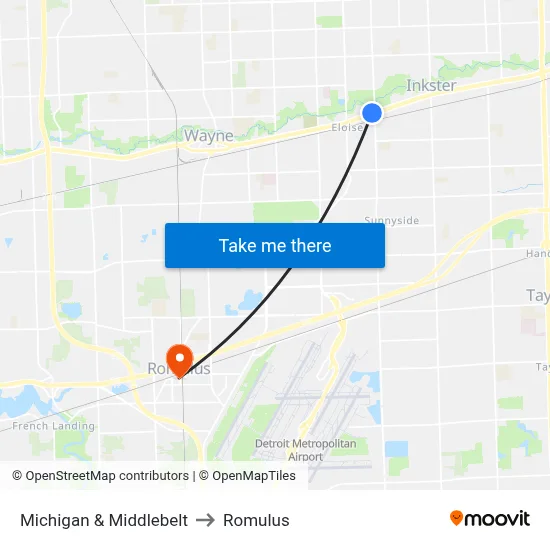 Michigan & Middlebelt to Romulus map