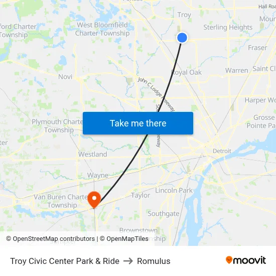 Troy Civic Center Park & Ride to Romulus map