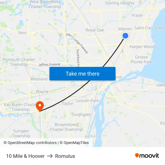 10 Mile & Hoover to Romulus map